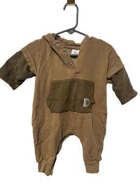 Next Baby Brown & Khaki Pocket Hooded Romper Jumpsuit 6-9 Months